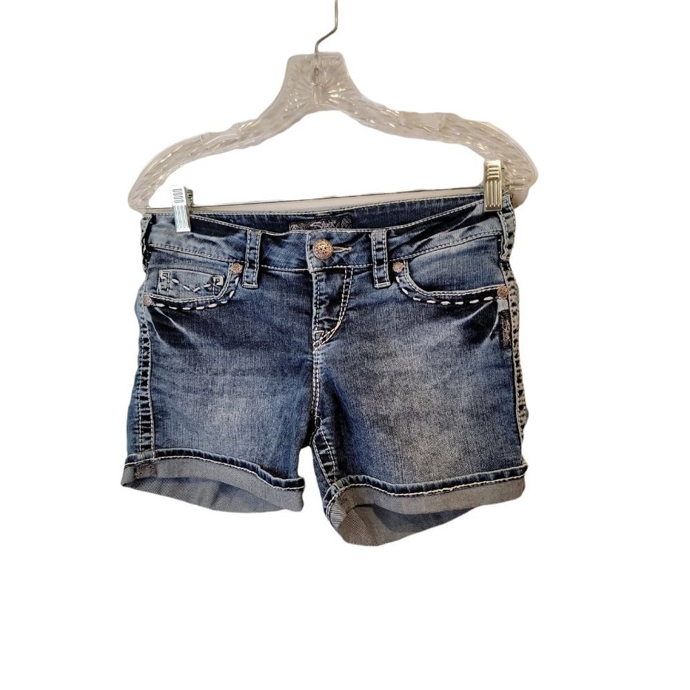 Silver Size 28 Women's Jean Shorts McKenzie Flap Pockets Embroidered